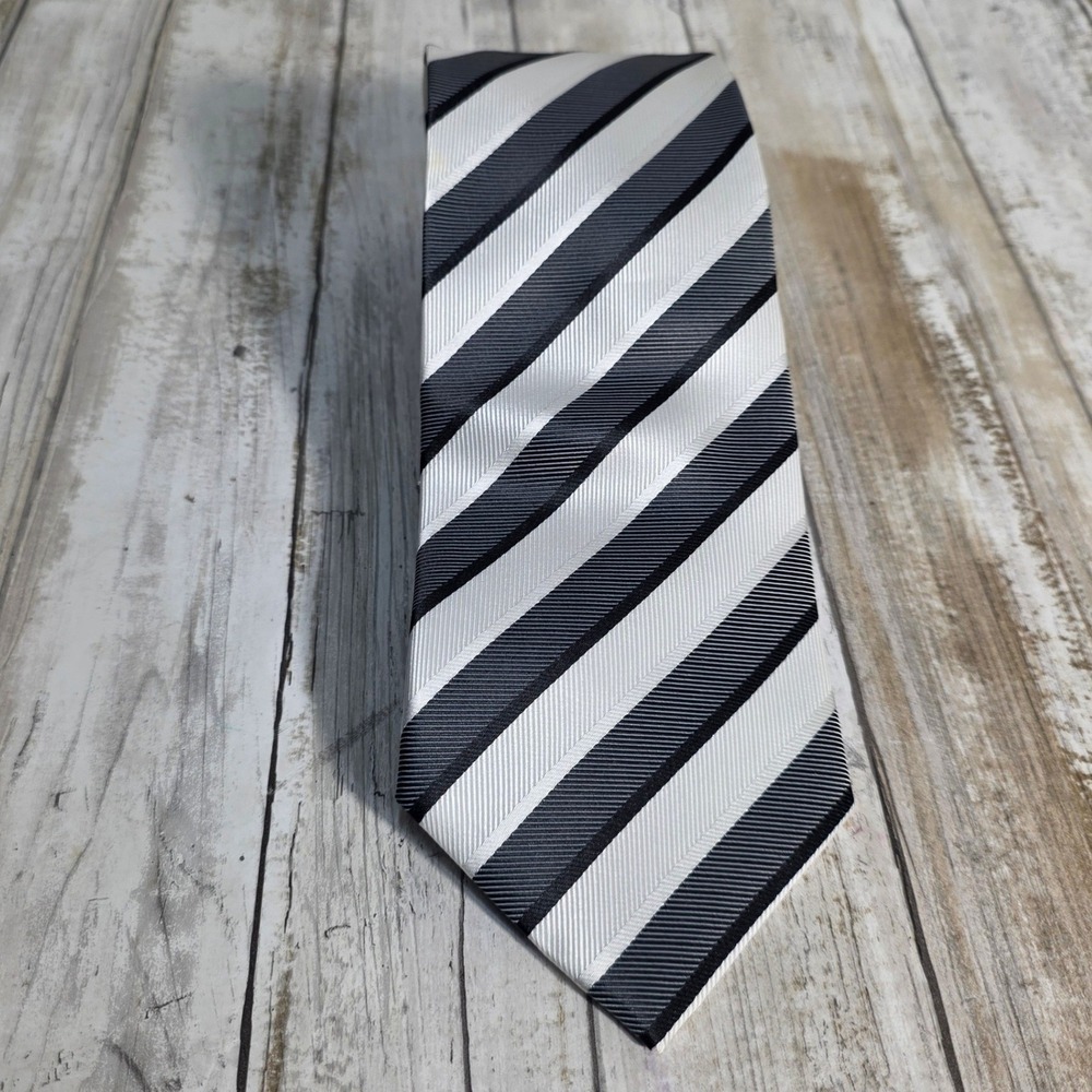 Berlioni Italy Men Necktie Black White Grey Diagonal Striped Hand Made Woven Tie